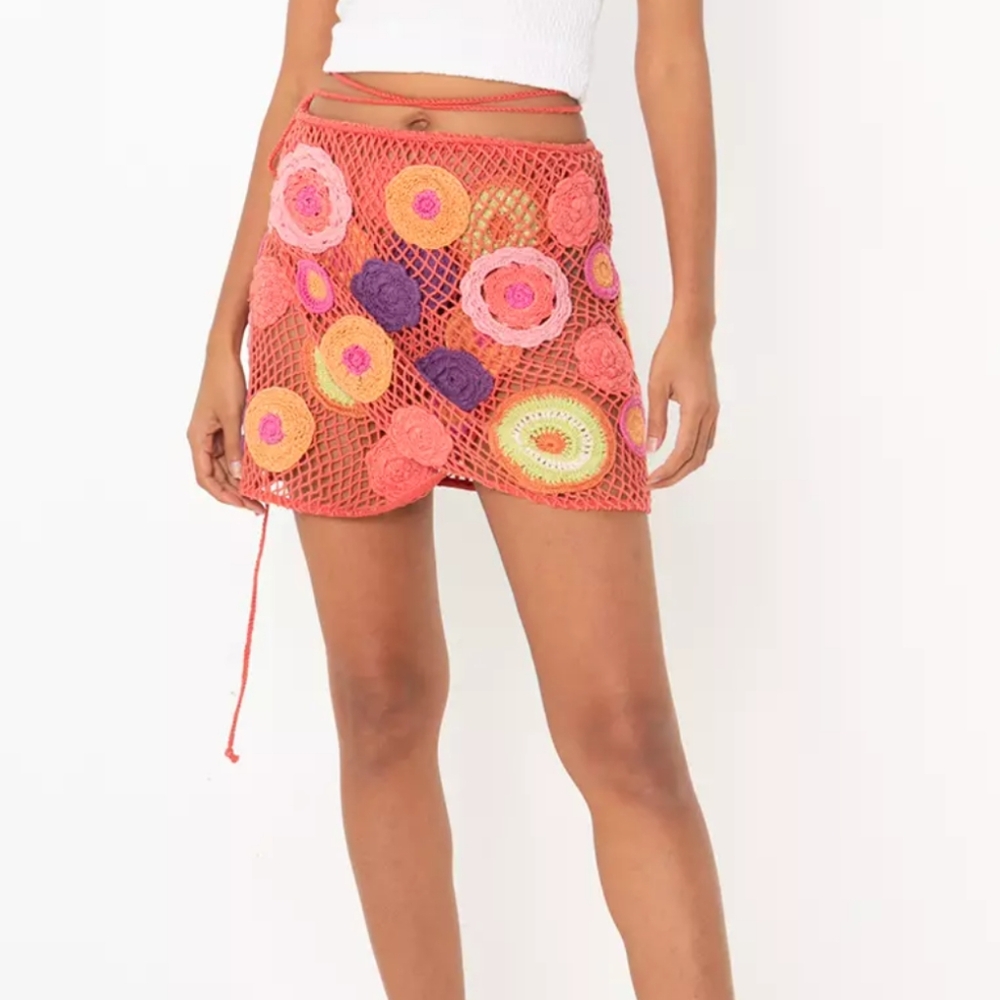 Zara Pink Crochet Wrap Skirt with Multicolor Accents